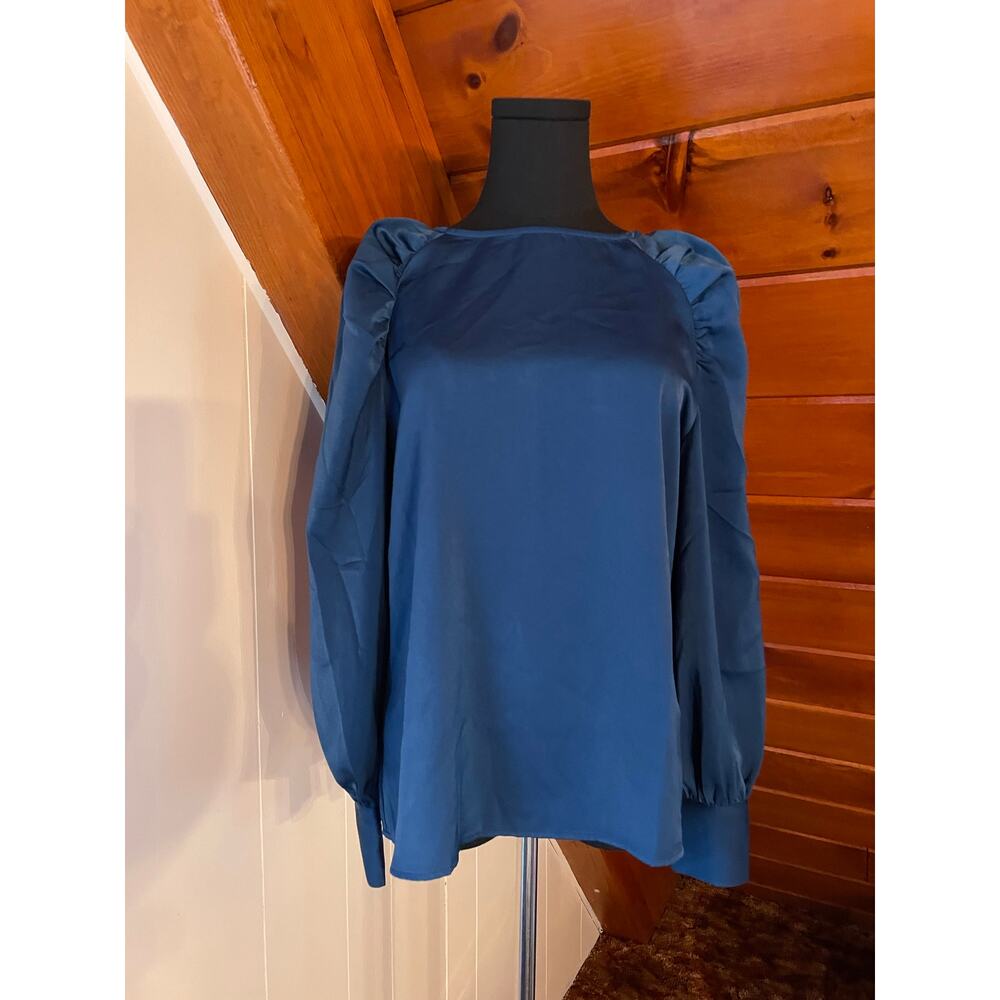 NWT Banana Republic Teal Satin Ruched-Sleeve Blouse sz S